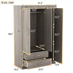 Armoire 3 portes avec miroir, 2 tiroirs, étagères de rangement et tringle à vêtements