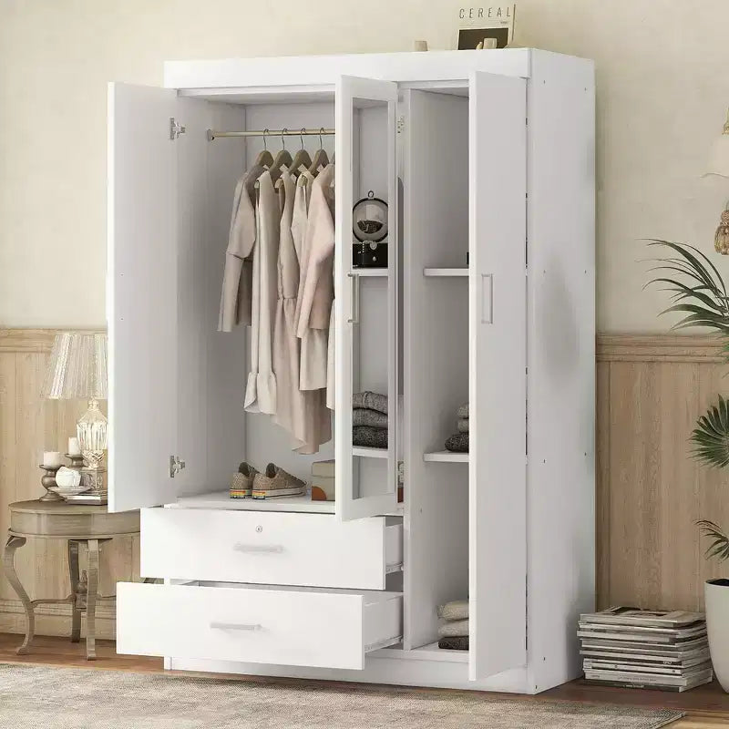 Armoire 3 portes avec miroir, 2 tiroirs, étagères de rangement et tringle à vêtements