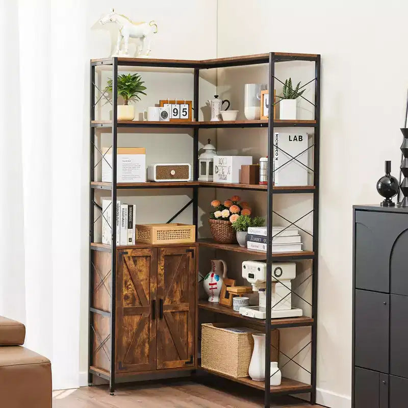 Étagère d'angle à 6 niveaux, bibliothèque d'angle de 177,8 cm avec meuble de rangement, 2 portes de grange et 10 étagères de rangement, marron