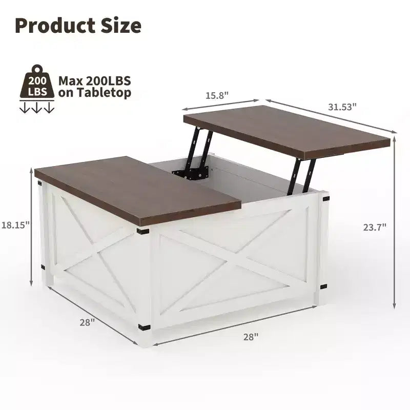 Table basse carrée de salon au design industriel avec plateau relevable et rangement