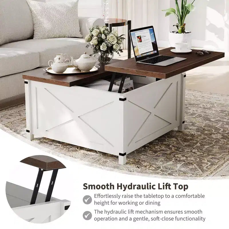 Table basse carrée de salon au design industriel avec plateau relevable et rangement