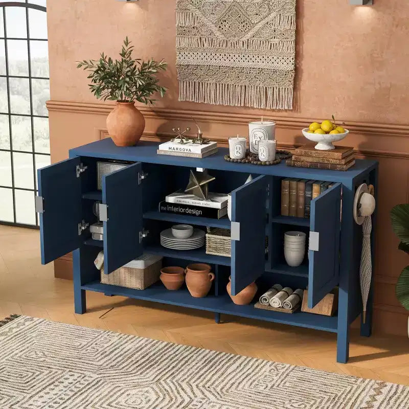 Buffet géométrique à 4 portes avec crochets doubles, étagères réglables et présentoir inférieur ouvert