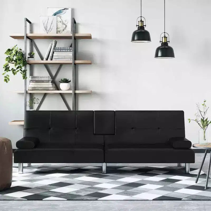 Canapé-lit pliable avec porte-gobelets en similicuir