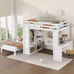 Lit superposé double XL/double sur lit jumeau avec lit inférieur détachable et bureau, structure de lits superposés en bois massif avec étagères intégrées et armoire, blanc