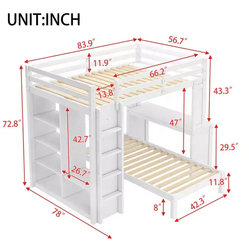 Lit superposé double XL/double sur lit jumeau avec lit inférieur détachable et bureau, structure de lits superposés en bois massif avec étagères intégrées et armoire, blanc
