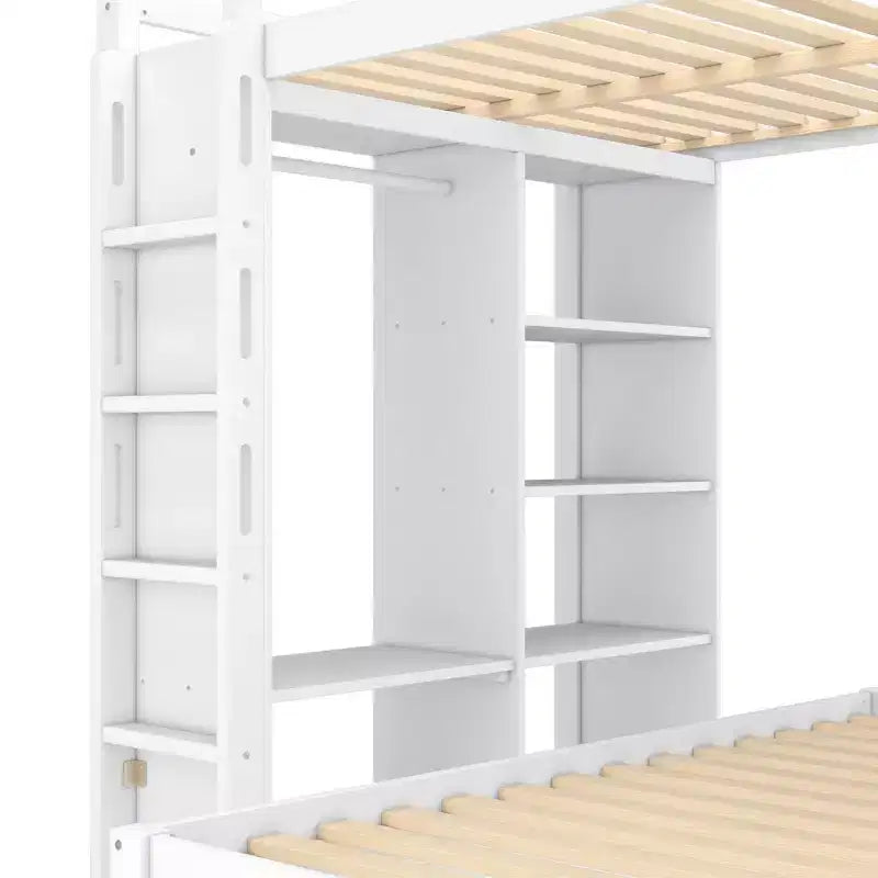 Lit superposé double XL/double sur lit jumeau avec lit inférieur détachable et bureau, structure de lits superposés en bois massif avec étagères intégrées et armoire, blanc
