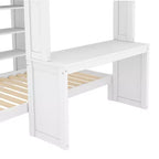 Lit superposé double XL/double sur lit jumeau avec lit inférieur détachable et bureau, structure de lits superposés en bois massif avec étagères intégrées et armoire, blanc