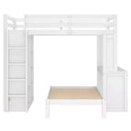 Lit superposé double XL/double sur lit jumeau avec lit inférieur détachable et bureau, structure de lits superposés en bois massif avec étagères intégrées et armoire, blanc