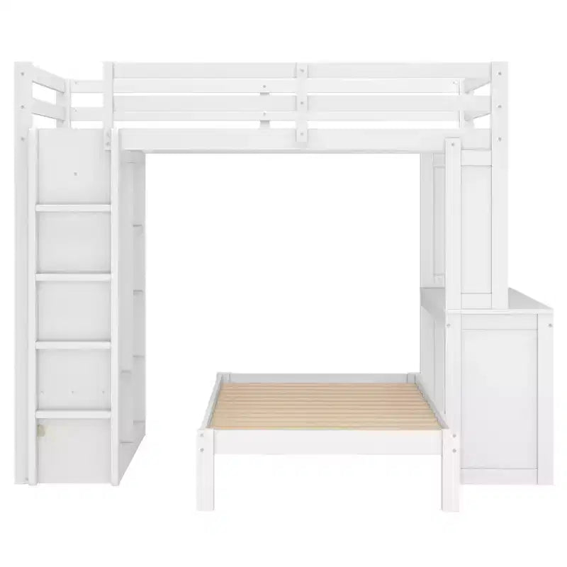 Lit superposé double XL/double sur lit jumeau avec lit inférieur détachable et bureau, structure de lits superposés en bois massif avec étagères intégrées et armoire, blanc