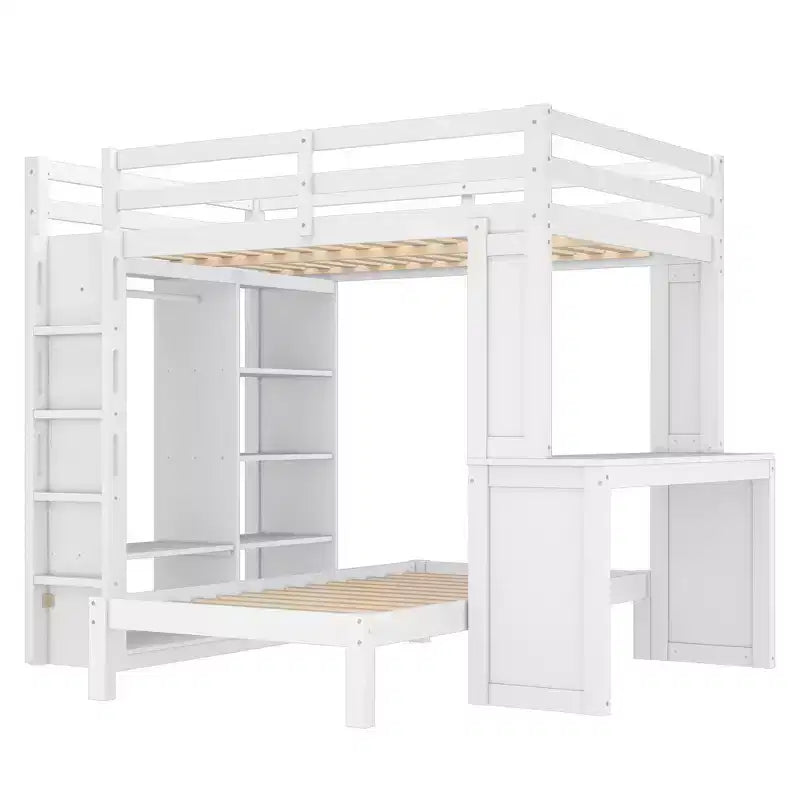 Lit superposé double XL/double sur lit jumeau avec lit inférieur détachable et bureau, structure de lits superposés en bois massif avec étagères intégrées et armoire, blanc
