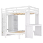 Lit superposé double XL/double sur lit jumeau avec lit inférieur détachable et bureau, structure de lits superposés en bois massif avec étagères intégrées et armoire, blanc