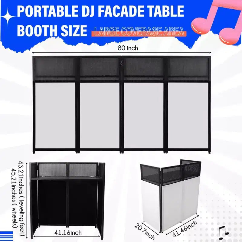 Cabine de façade de DJ portable, station de table de DJ pliable avec toile d'éclairage, cabine de stand avec pieds de façade d'événement DJ réglables pour fête, cadre en métal noir