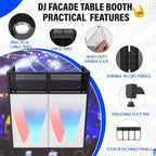 Cabine de façade de DJ portable, station de table de DJ pliable avec toile d'éclairage, cabine de stand avec pieds de façade d'événement DJ réglables pour fête, cadre en métal noir