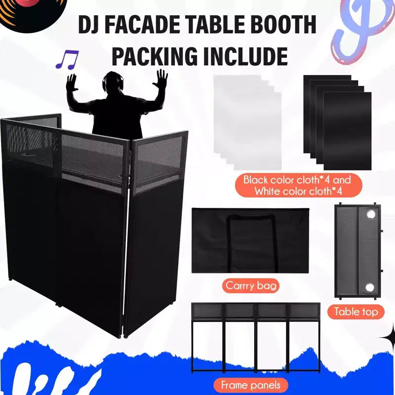 Cabine de façade de DJ portable, station de table de DJ pliable avec toile d'éclairage, cabine de stand avec pieds de façade d'événement DJ réglables pour fête, cadre en métal noir