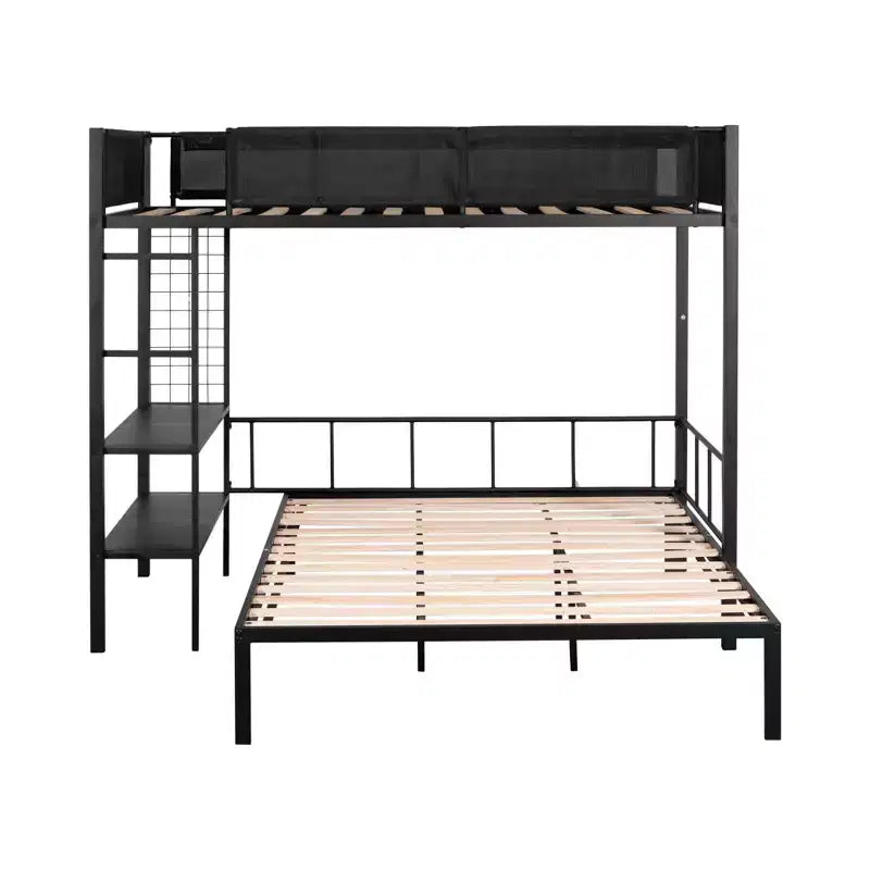 Lit superposé double sur un lit double avec panneau grillagé et étagères à 2 niveaux, lit superposé en métal avec échelle intégrée et barrière de sécurité pleine longueur, noir