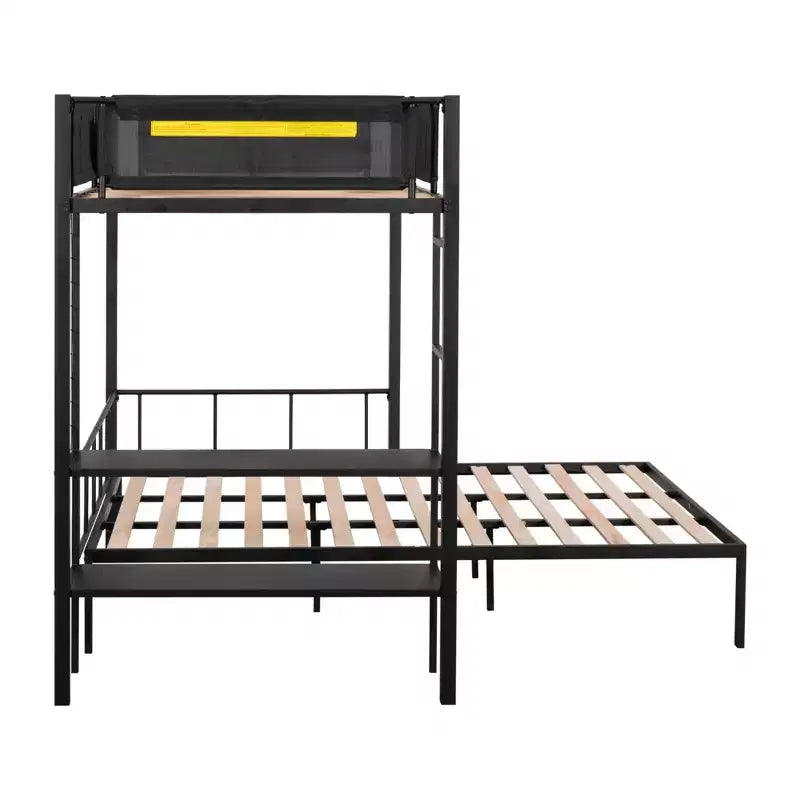 Lit superposé double sur un lit double avec panneau grillagé et étagères à 2 niveaux, lit superposé en métal avec échelle intégrée et barrière de sécurité pleine longueur, noir