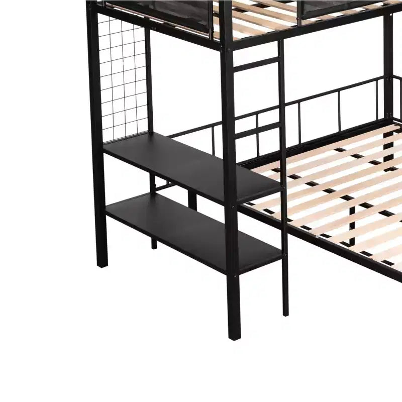 Lit superposé double sur un lit double avec panneau grillagé et étagères à 2 niveaux, lit superposé en métal avec échelle intégrée et barrière de sécurité pleine longueur, noir
