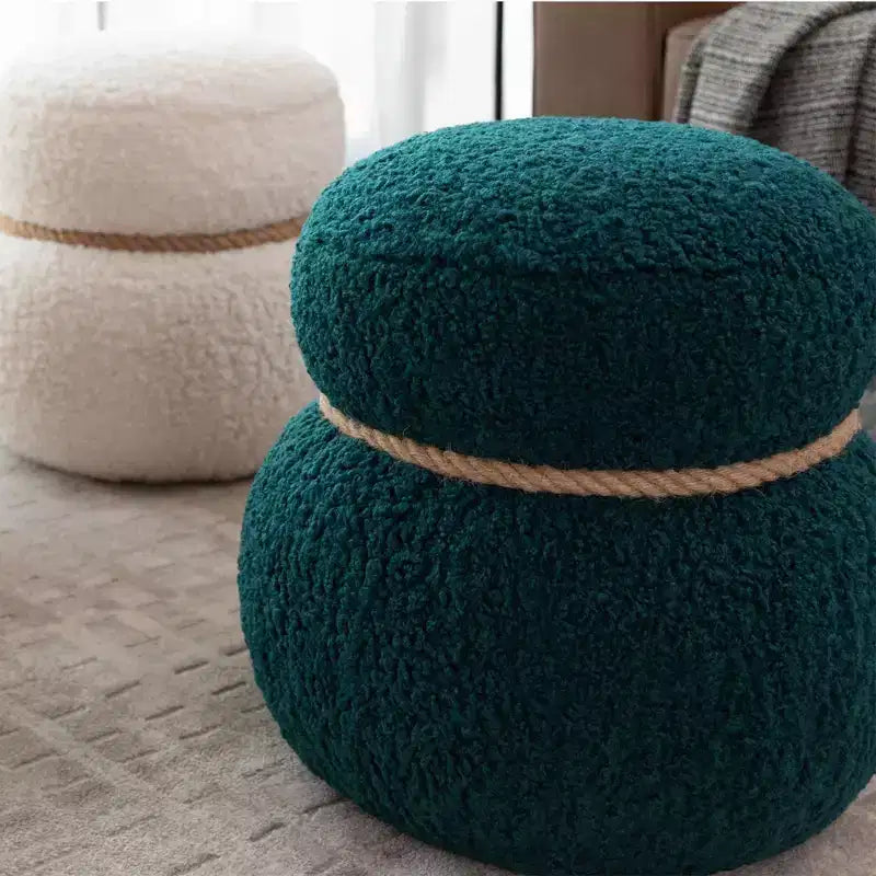 Pouf Bonhomme de Neige Rond, Mignon Tabouret Rembourré en Laine d'Agneau, Banc à Chaussures avec Cadre en Bois pour Salon, Chambre, Entrée
