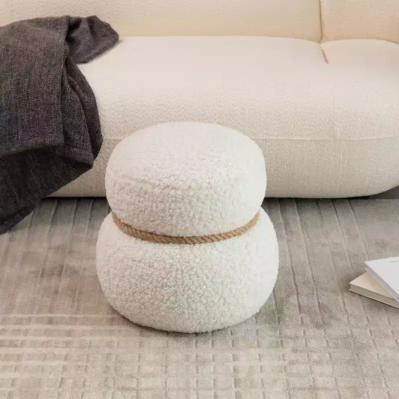 Pouf Bonhomme de Neige Rond, Mignon Tabouret Rembourré en Laine d'Agneau, Banc à Chaussures avec Cadre en Bois pour Salon, Chambre, Entrée
