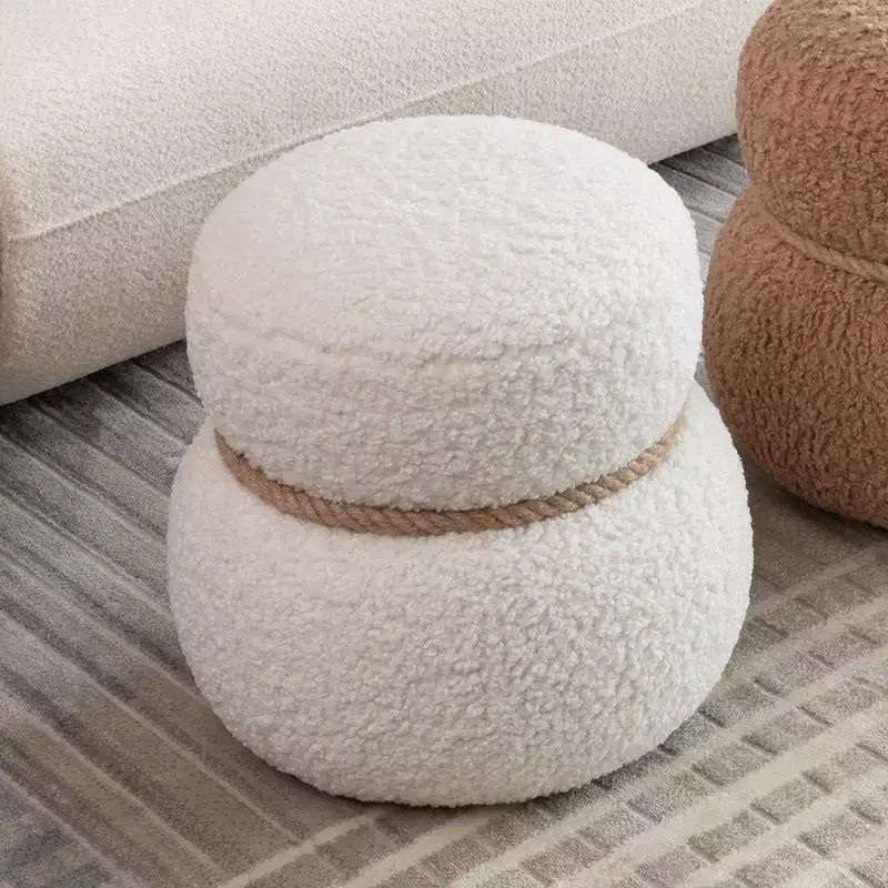 Pouf Bonhomme de Neige Rond, Mignon Tabouret Rembourré en Laine d'Agneau, Banc à Chaussures avec Cadre en Bois pour Salon, Chambre, Entrée