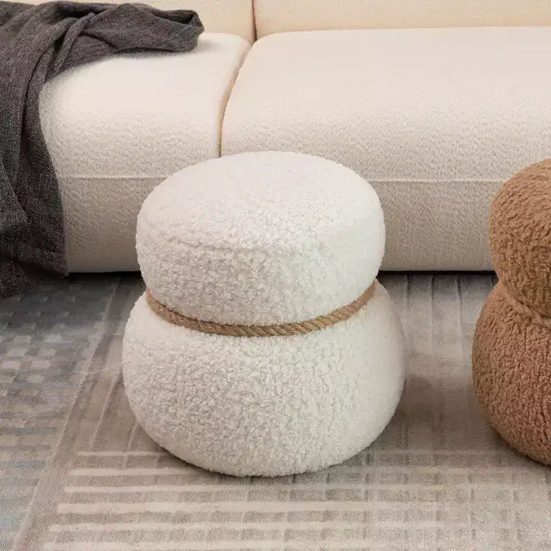 Pouf Bonhomme de Neige Rond, Mignon Tabouret Rembourré en Laine d'Agneau, Banc à Chaussures avec Cadre en Bois pour Salon, Chambre, Entrée