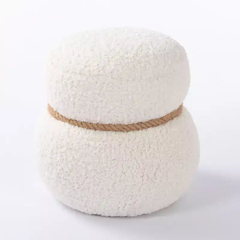 Pouf Bonhomme de Neige Rond, Mignon Tabouret Rembourré en Laine d'Agneau, Banc à Chaussures avec Cadre en Bois pour Salon, Chambre, Entrée