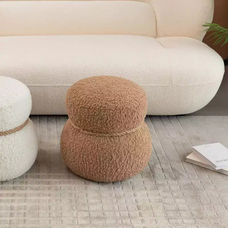 Pouf Bonhomme de Neige Rond, Mignon Tabouret Rembourré en Laine d'Agneau, Banc à Chaussures avec Cadre en Bois pour Salon, Chambre, Entrée