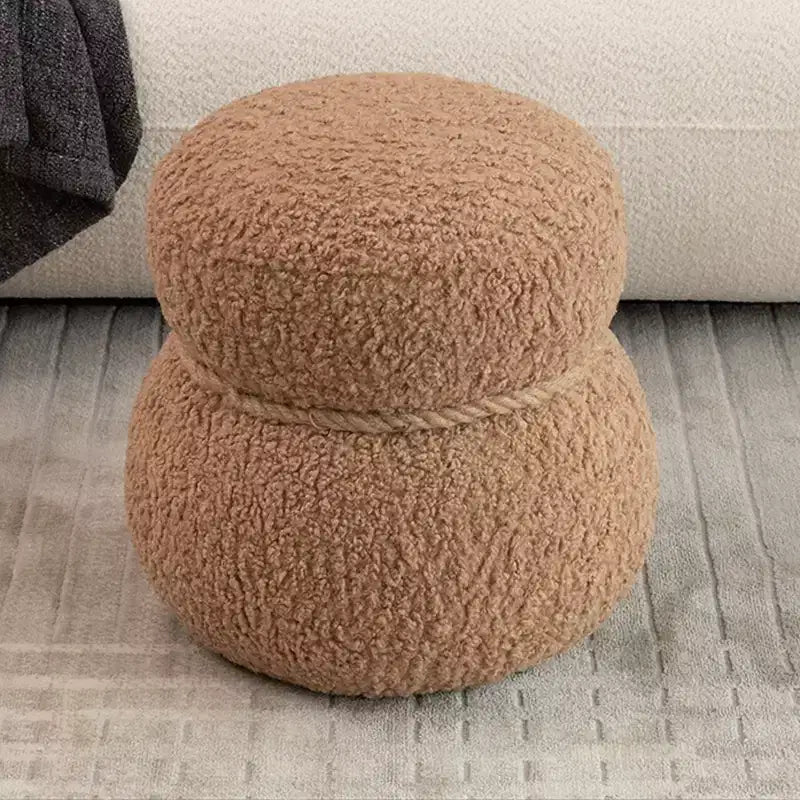 Pouf Bonhomme de Neige Rond, Mignon Tabouret Rembourré en Laine d'Agneau, Banc à Chaussures avec Cadre en Bois pour Salon, Chambre, Entrée