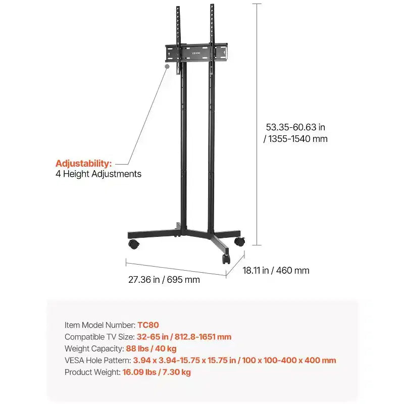 Meuble TV à roulettes pour écrans de 32 à 65 pouces, Chariot TV mobile réglable en hauteur avec roues, Support d'écran portable supportant 40 kg, VESA max 400x400