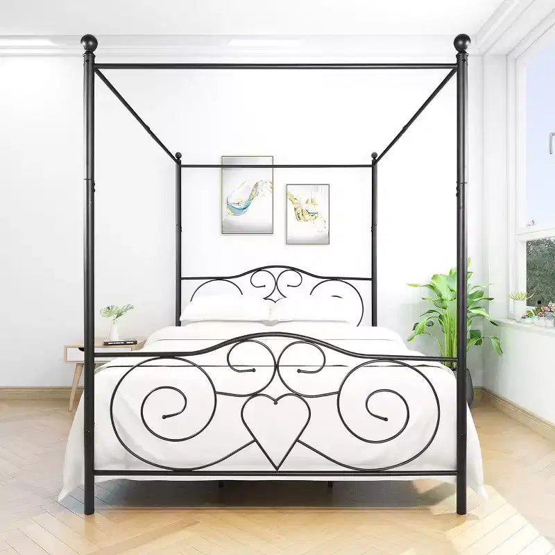 Cadre de lit en métal à baldaquin Queen Size avec tête et pied de lit, conception silencieuse sans bruit pour chambre à coucher