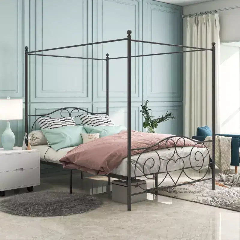 Cadre de lit en métal à baldaquin Queen Size avec tête et pied de lit, conception silencieuse sans bruit pour chambre à coucher