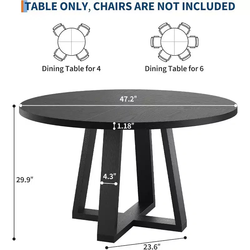 Table à manger ronde de 47 po, base croisée en bois noir, pour cuisine, salle à manger ou salon, 4 à 6 places