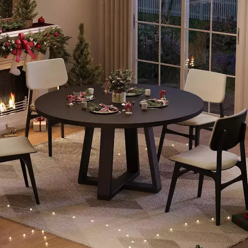 Table à manger ronde de 47 po, base croisée en bois noir, pour cuisine, salle à manger ou salon, 4 à 6 places