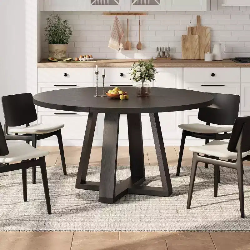 Table à manger ronde de 47 po, base croisée en bois noir, pour cuisine, salle à manger ou salon, 4 à 6 places