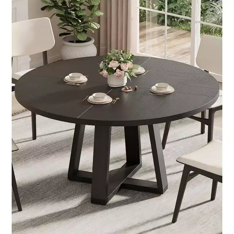 Table à manger ronde de 47 po, base croisée en bois noir, pour cuisine, salle à manger ou salon, 4 à 6 places
