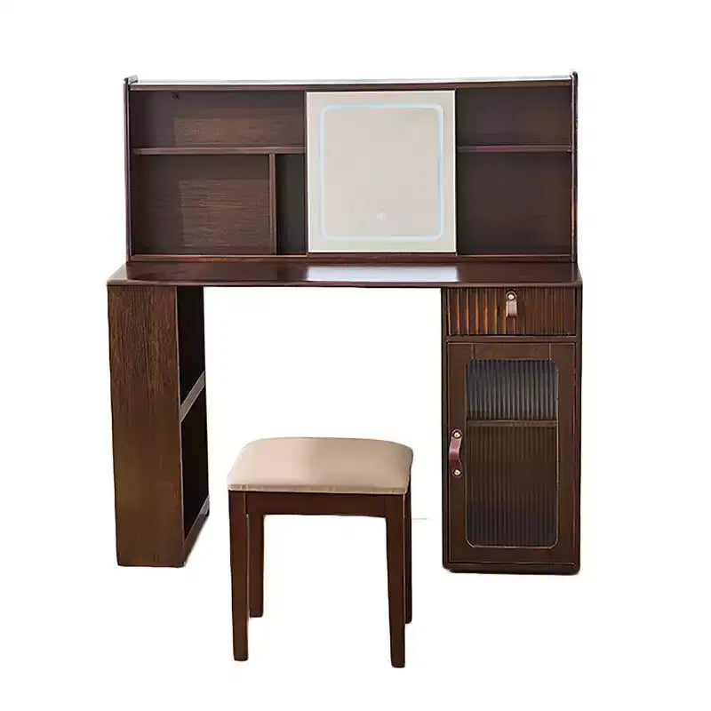 Coiffeuse élégante, Table de maquillage moderne avec tabouret, miroir, grandes étagères, tiroir et meuble de rangement - Noyer