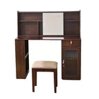 Coiffeuse élégante, Table de maquillage moderne avec tabouret, miroir, grandes étagères, tiroir et meuble de rangement - Noyer