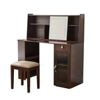 Coiffeuse élégante, Table de maquillage moderne avec tabouret, miroir, grandes étagères, tiroir et meuble de rangement - Noyer