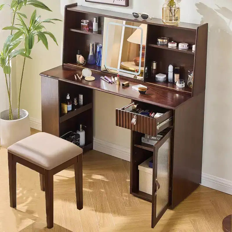 Coiffeuse élégante, Table de maquillage moderne avec tabouret, miroir, grandes étagères, tiroir et meuble de rangement - Noyer