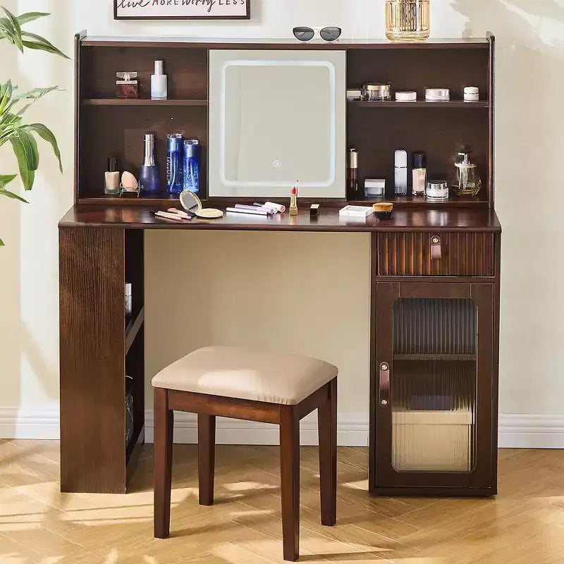 Coiffeuse élégante, Table de maquillage moderne avec tabouret, miroir, grandes étagères, tiroir et meuble de rangement - Noyer