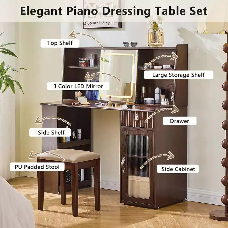 Coiffeuse élégante, Table de maquillage moderne avec tabouret, miroir, grandes étagères, tiroir et meuble de rangement - Noyer