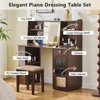 Coiffeuse élégante, Table de maquillage moderne avec tabouret, miroir, grandes étagères, tiroir et meuble de rangement - Noyer