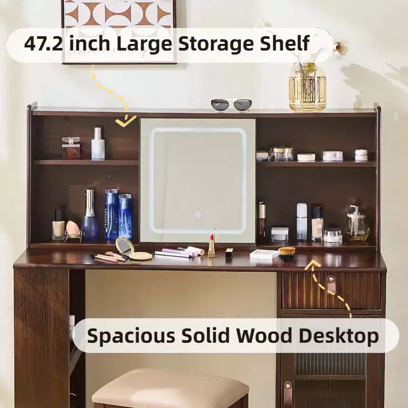 Coiffeuse élégante, Table de maquillage moderne avec tabouret, miroir, grandes étagères, tiroir et meuble de rangement - Noyer