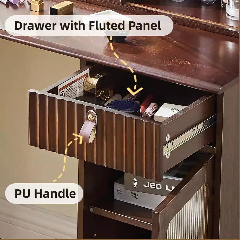 Coiffeuse élégante, Table de maquillage moderne avec tabouret, miroir, grandes étagères, tiroir et meuble de rangement - Noyer