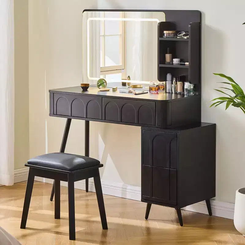 Coiffeuse moderne avec tabouret, coiffeuse 3 couleurs avec 4 tiroirs, coiffeuse peu encombrante pour salon, chambre, noir