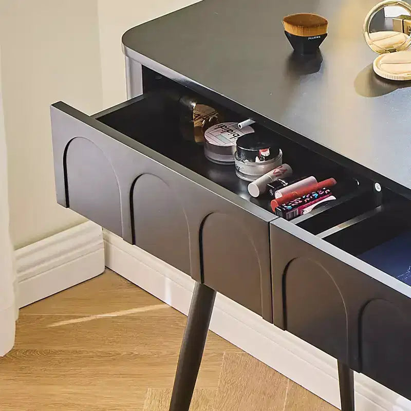 Coiffeuse moderne avec tabouret, coiffeuse 3 couleurs avec 4 tiroirs, coiffeuse peu encombrante pour salon, chambre, noir
