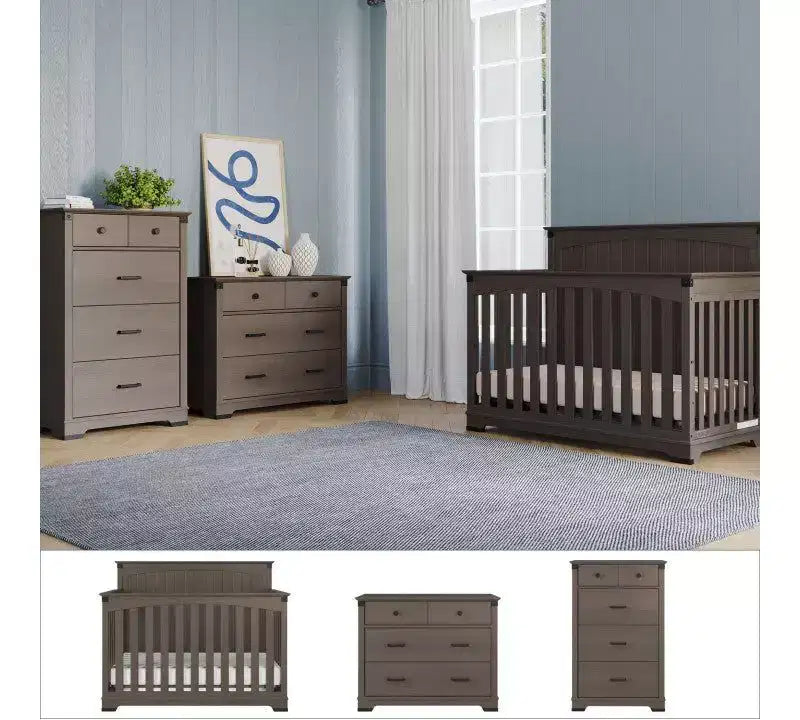 Chambre de bébé Redmond, ensemble 3 pièces avec lit, commode et chiffonnier, inclut un lit convertible 4-en-1, une commode et un chiffonnier