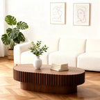 Table Basse Ovale, Piétement Cannelé Mid-Century, Accent Bois pour Salon, Chambre, Appartement, Bureau, Petit Espace
