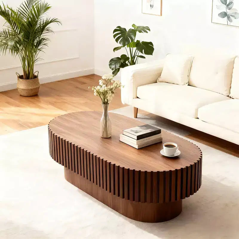 Table Basse Ovale, Piétement Cannelé Mid-Century, Accent Bois pour Salon, Chambre, Appartement, Bureau, Petit Espace