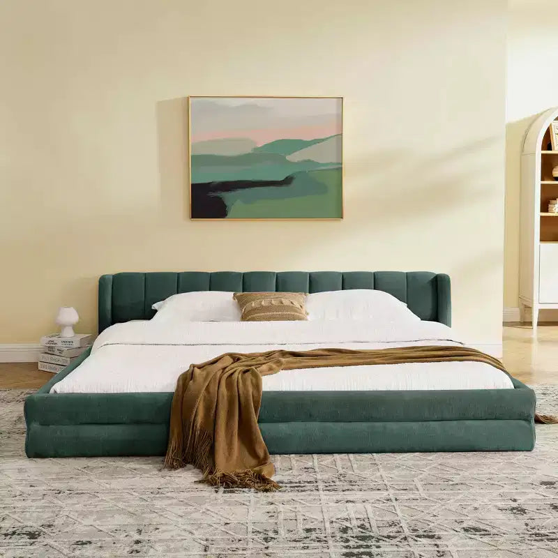 MAYEERTY King Size Upholstered Bed with Headboard Solid Frame Chenille Fabric Solid Frame for Bedroom Blue Green